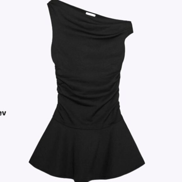 Zara Ruched Textured Asymmetrical Dress Black Size Medium - Picture 3 of 3